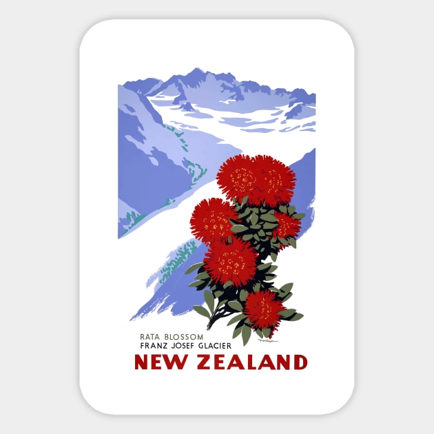 Vintage Travel Poster New Zealand Rata Blossom Franz Josef Glacier Sticker by vintagetreasure